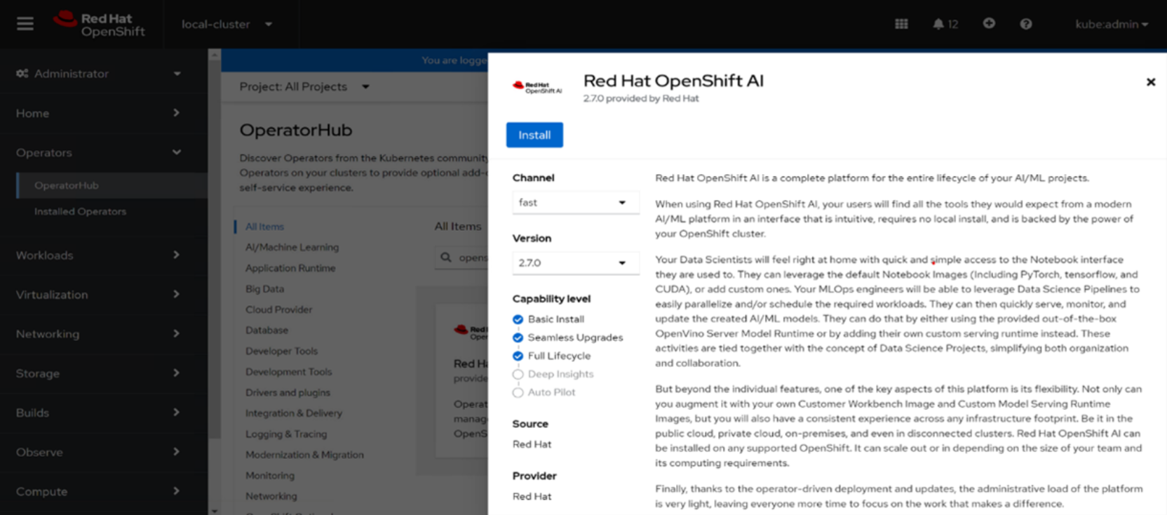 A screenshot of a Red Hat OpenShift Data Science Operator designed to facilitate the management of A/I ML projects on the OpenShift cluster.