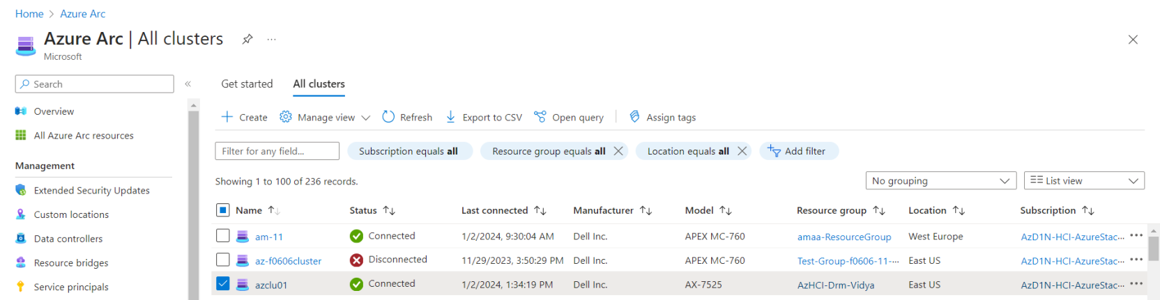 This shows the dashboard view if Azure Stack HCI Cluster azclu01 successfully integrated with Azure Arc