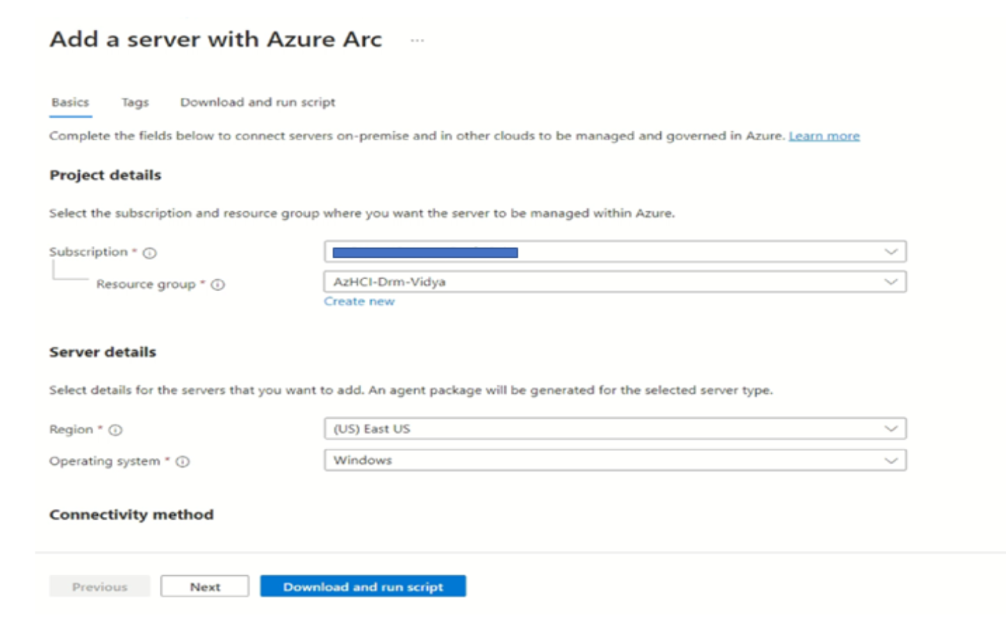 This shows the dashboard view for adding a server with Azure Arc