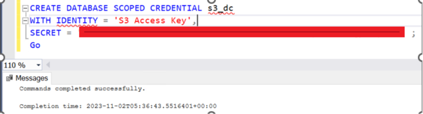 This shows an example of how to create a database scoped credential.