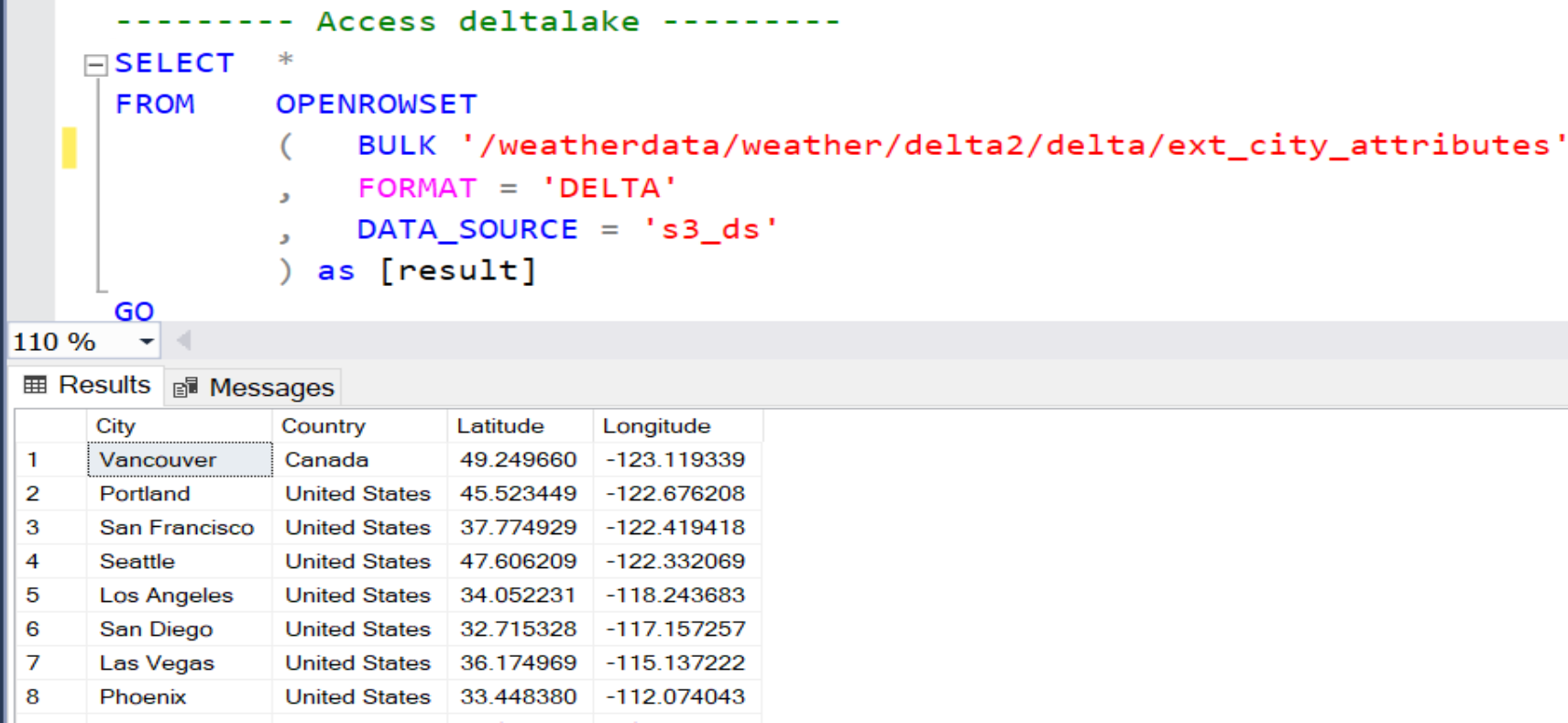 This shows an example of how to access data from delta lake.