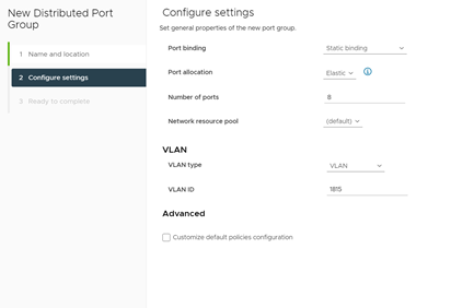 vSphere Client New Distributed Port Group Configure settings page