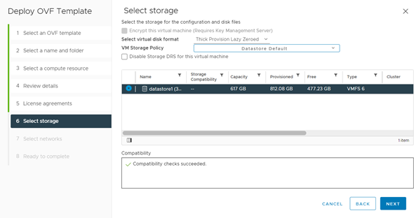vCenter UI OMNI storage selection page