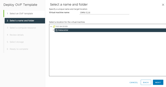 vCenter UI OMNI virtual machine name and folder page