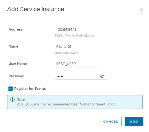 OMNI web UI Add Service Instance page