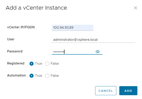 OMNI web UI Add a vCenter Instance page