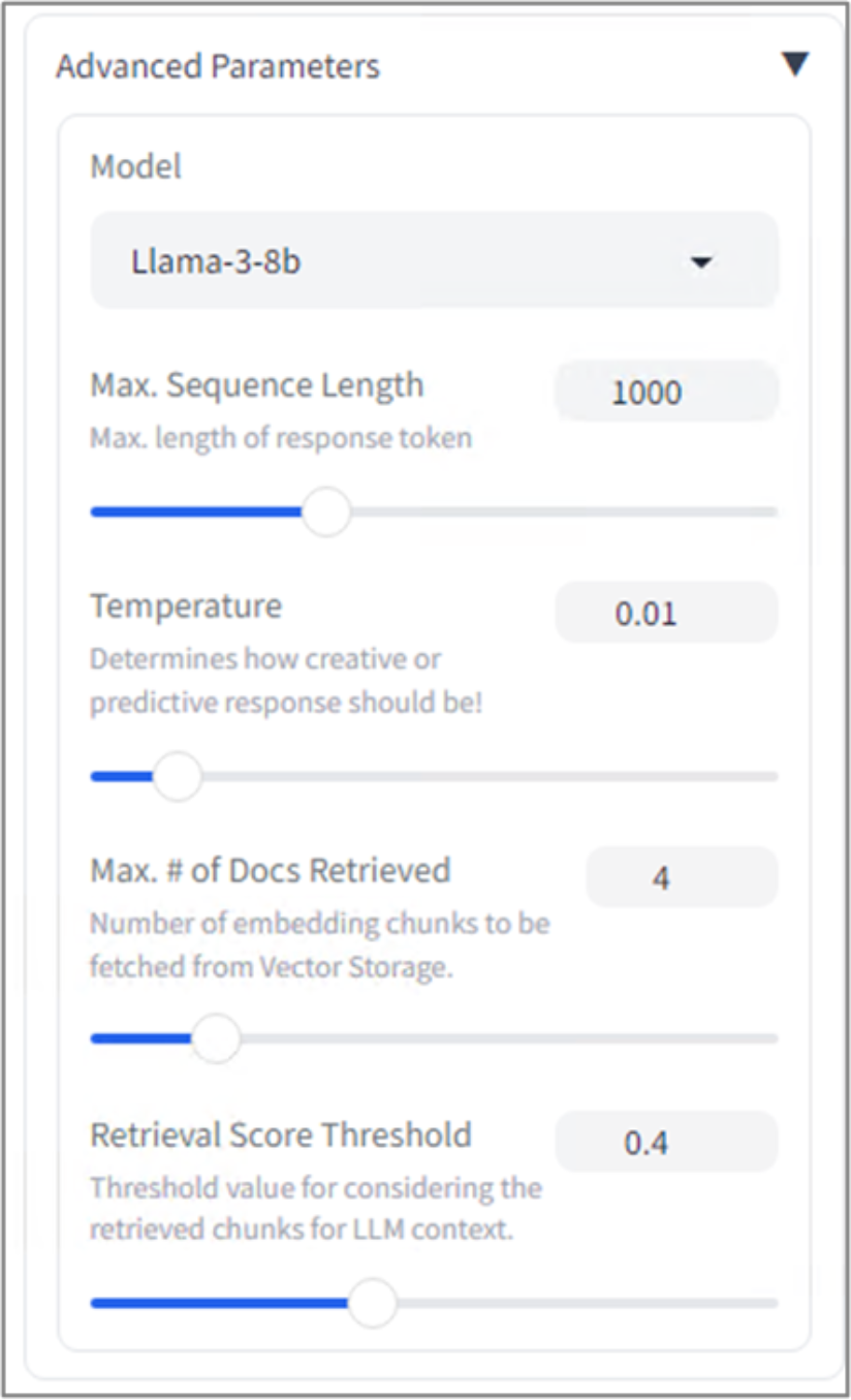 This is a screenshot of the advanced parameter settings including Max sequence length (1000), Temperature (0.01), Max # of docs retreived (4), and Retrieval score threshold (0.4).