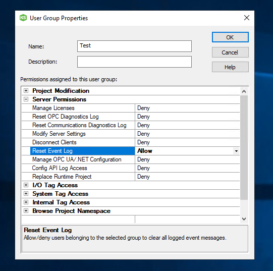 Kepware Server settings to define group permissions to set Reset Event Log to Allow
