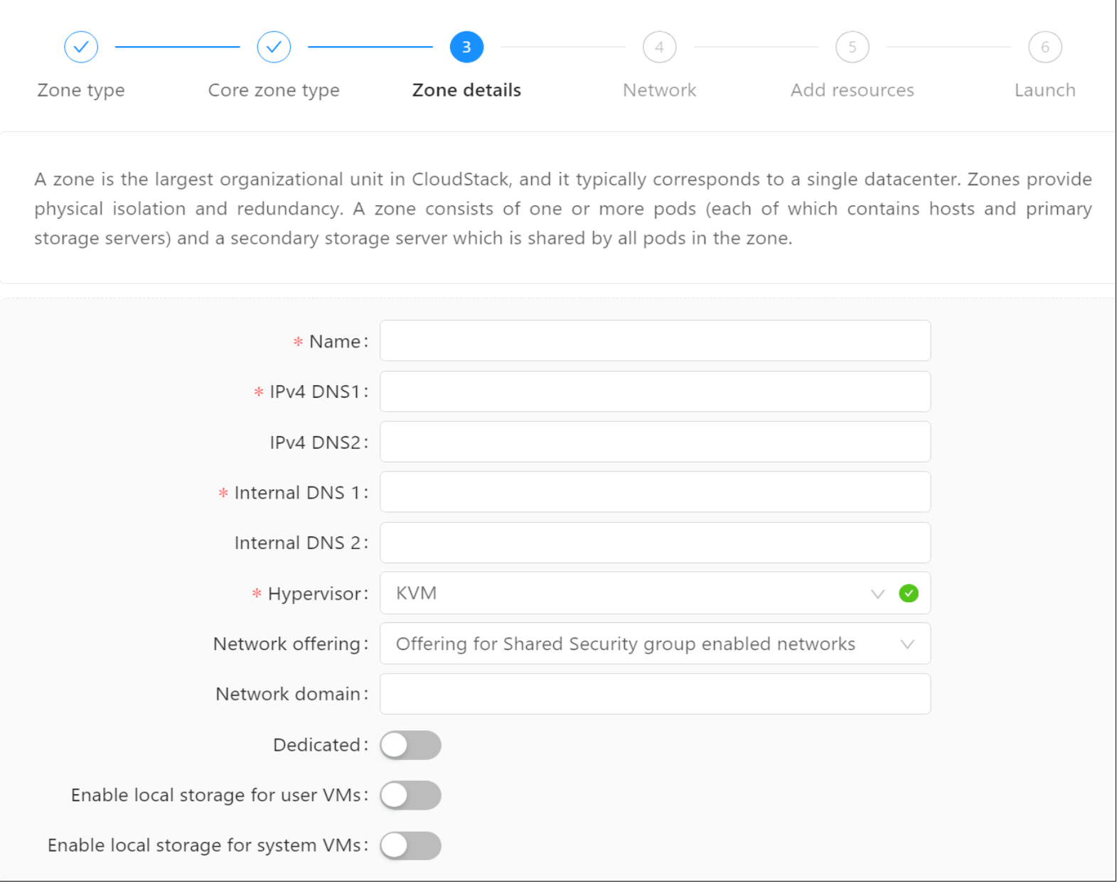 This figure shows the zone details in a CloudStack configuration.