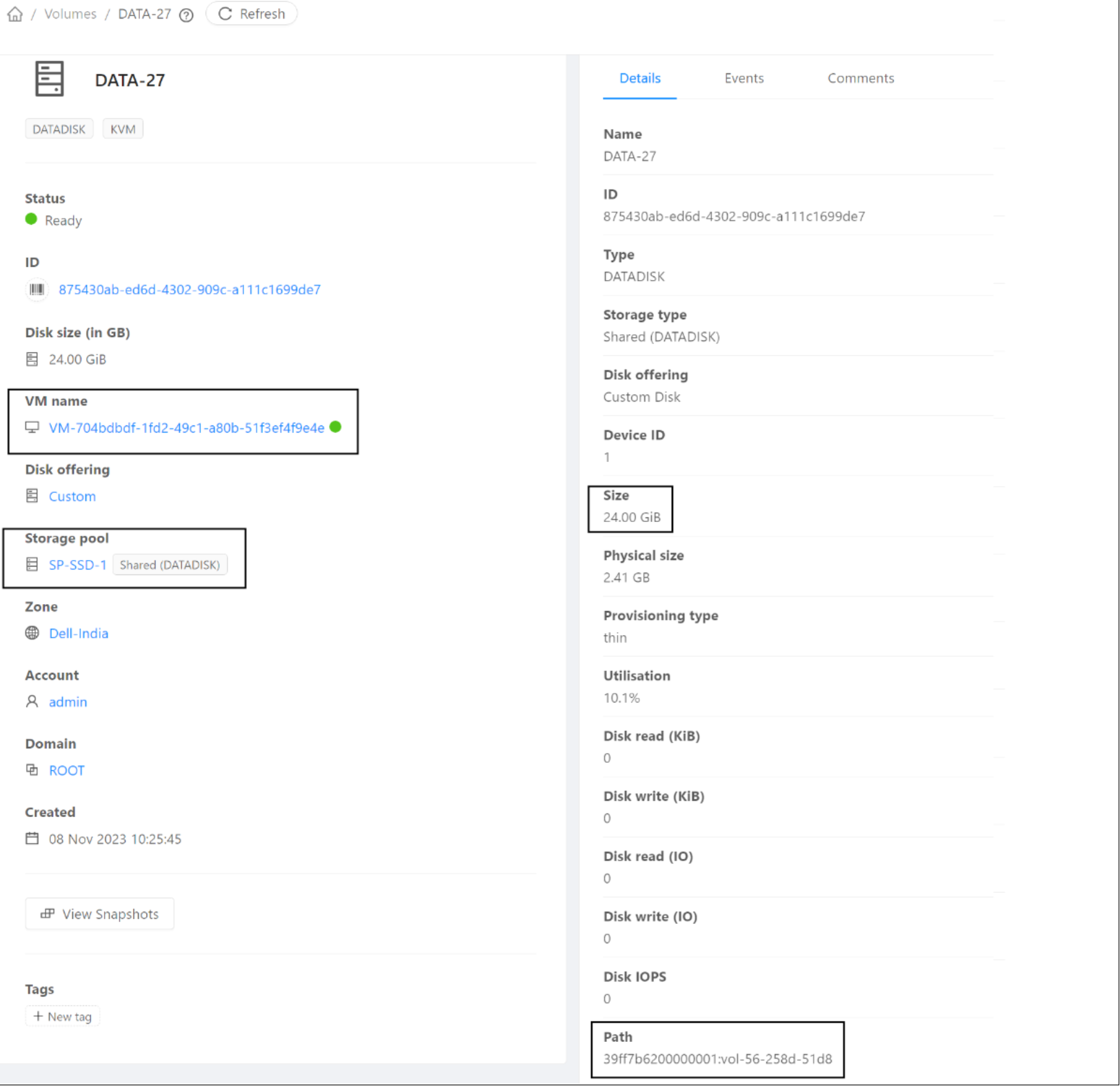 This figure shows the volume path at CloudStack UI.