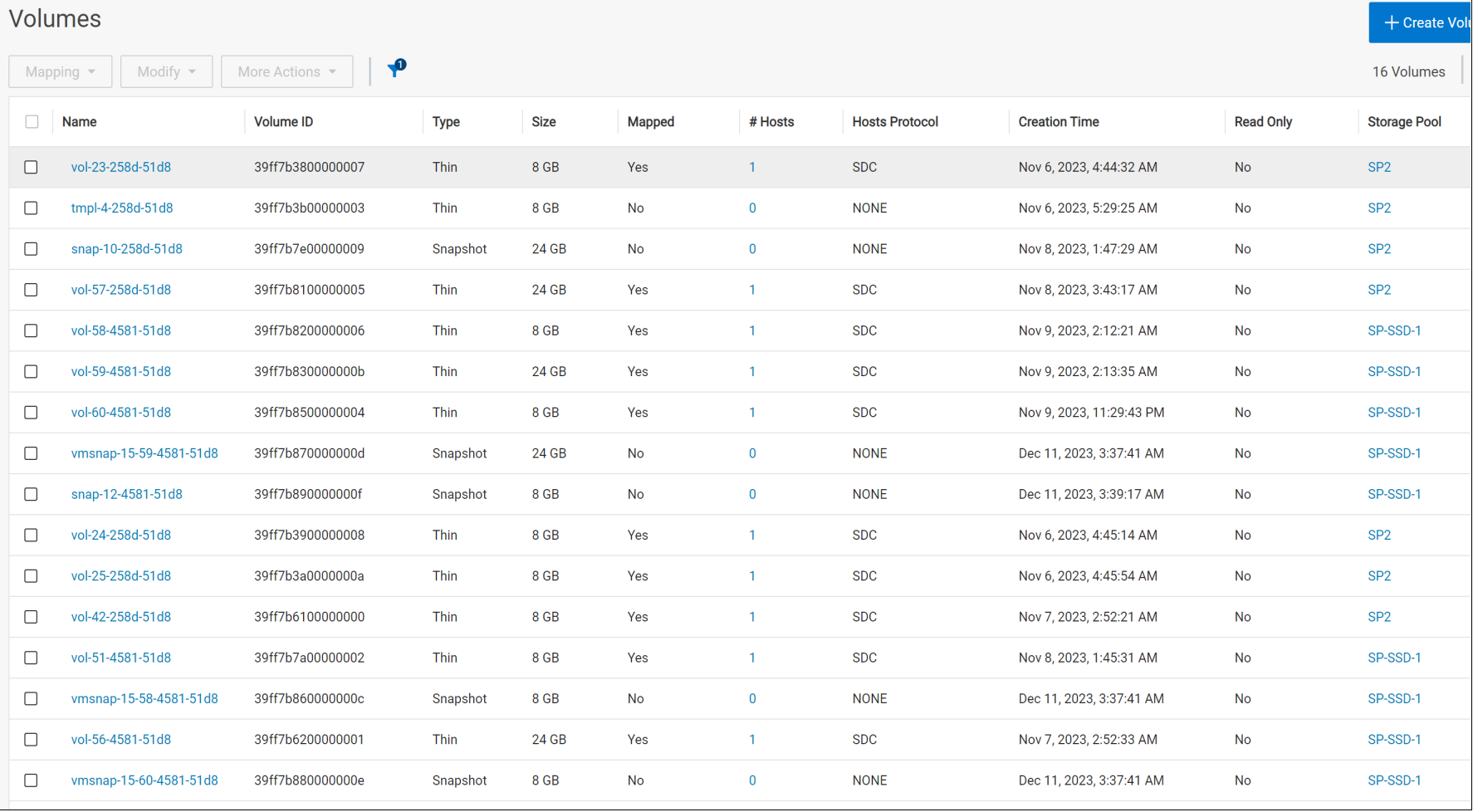 This figure shows the volume list in the PowerFlex Manager UI.