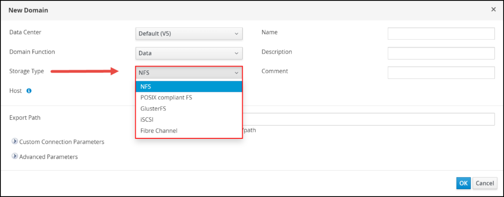  Storage type options for a storage domain