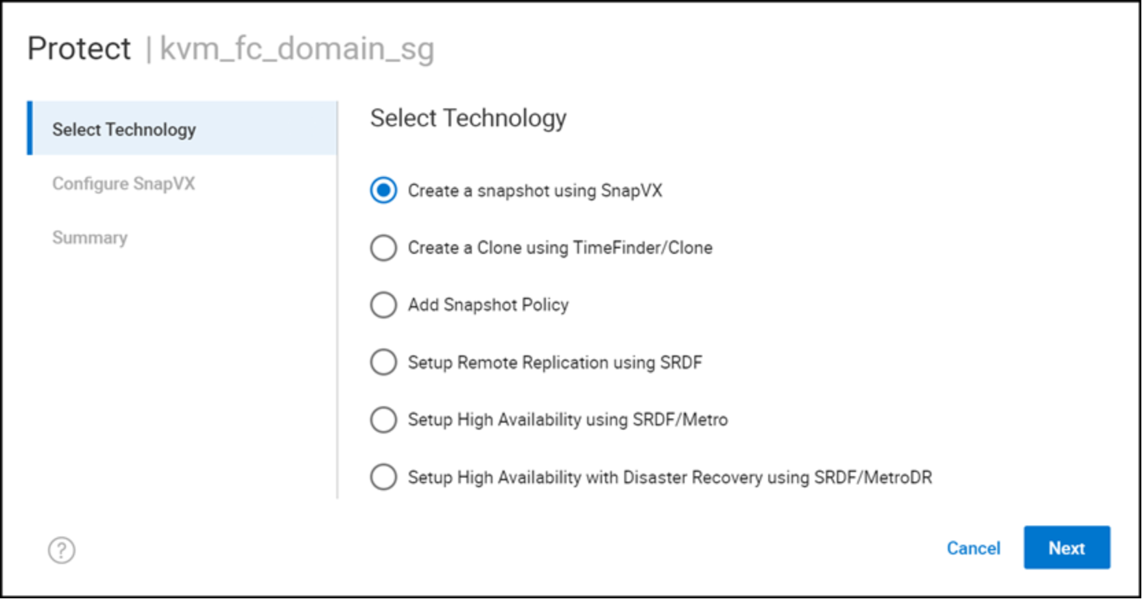 Create snapshot – select technology