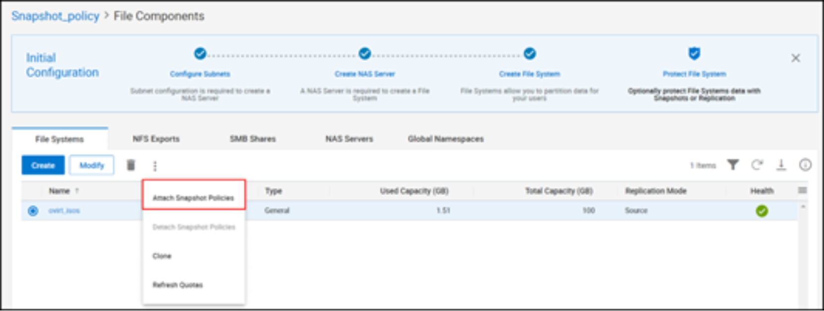 A screenshot of Attach a snapshot policy to the file system