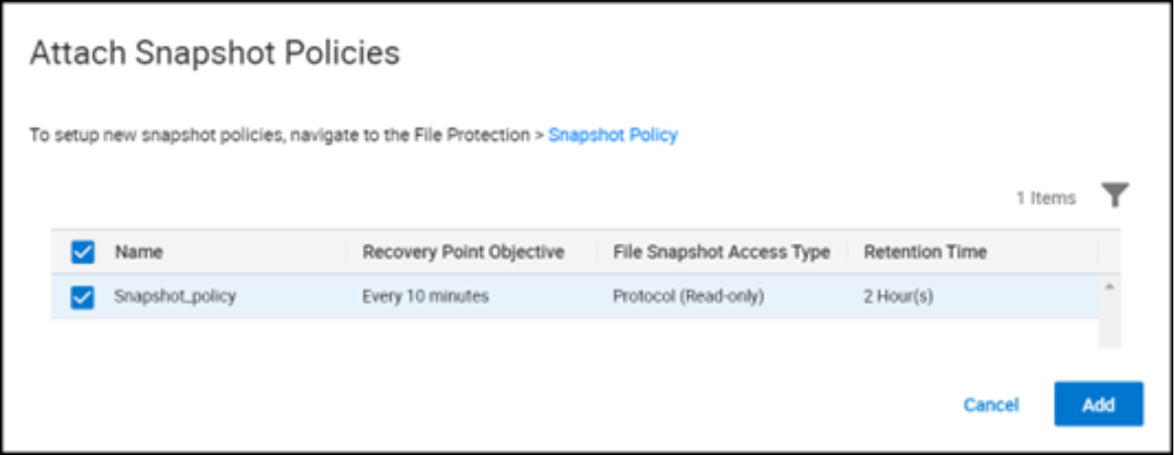A screenshot of Attach snapshot policy to the file system – select snapshot policy