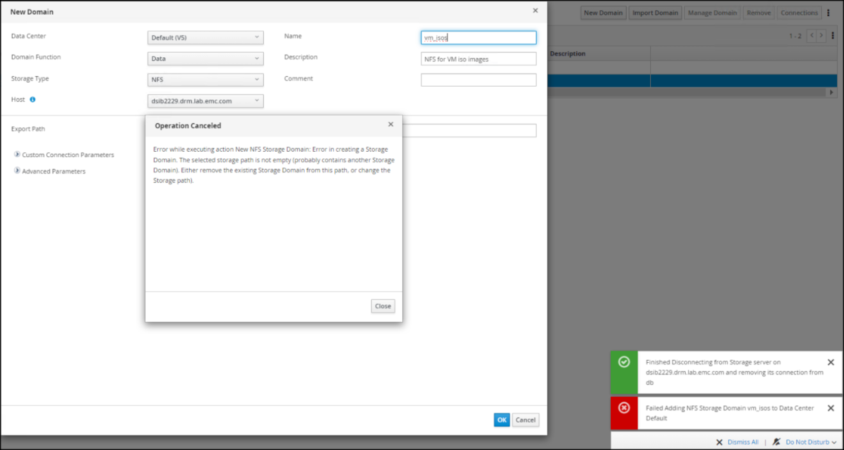 Figure 113. Error creating NFS storage domain