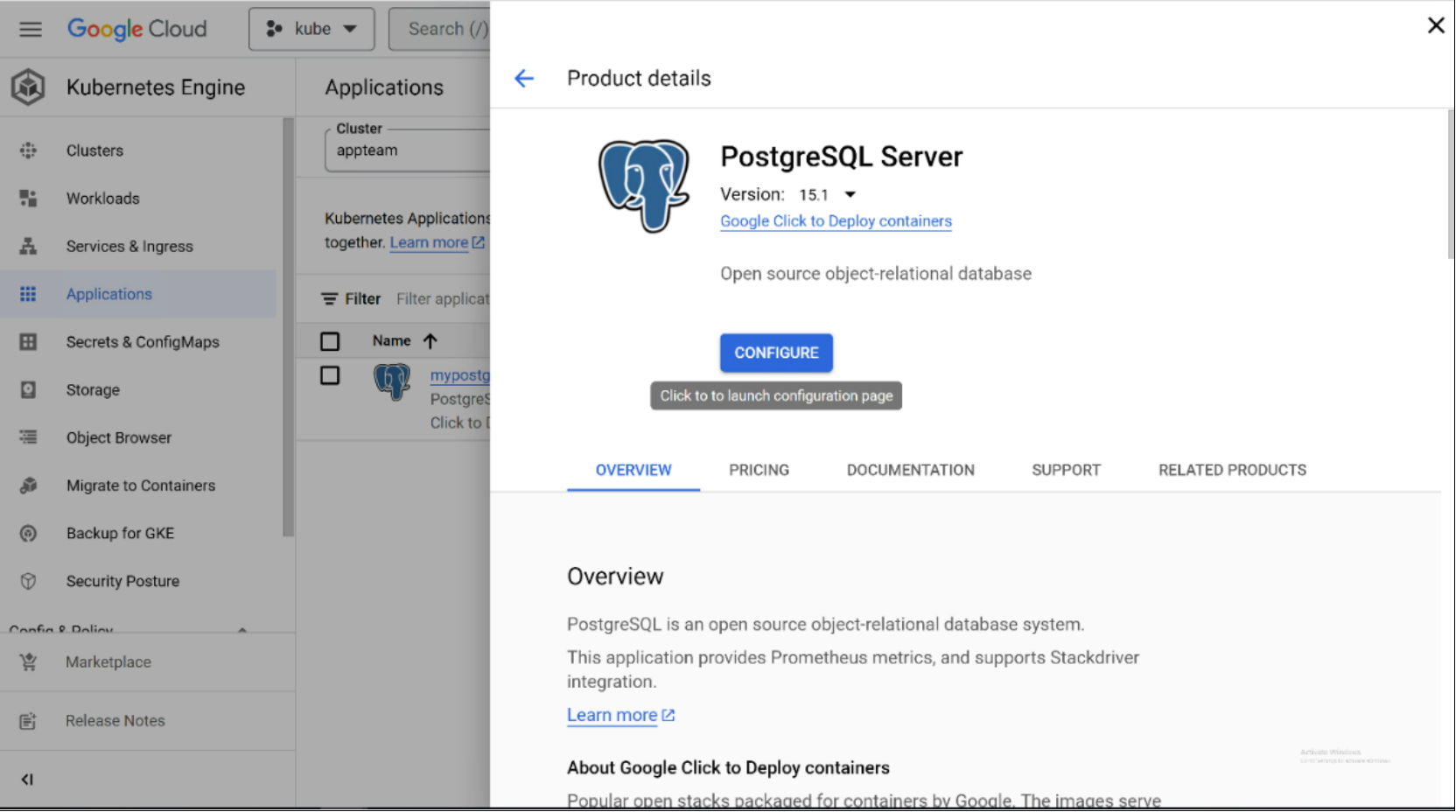 The following figure shows the PostgreSQL selection in a cloud console.