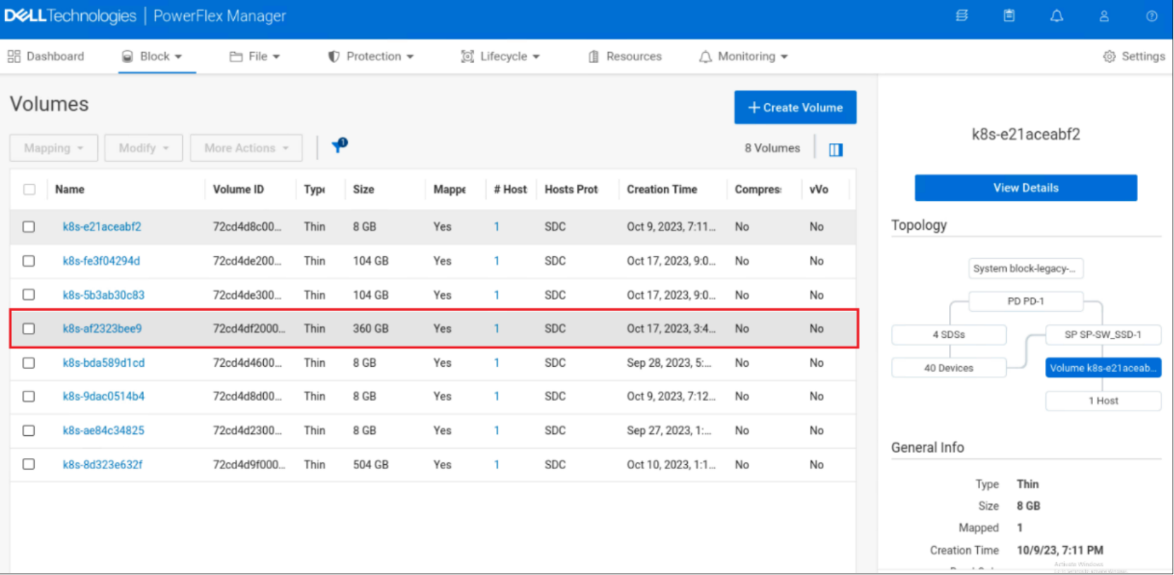 This figure shows the block volume created in PowerFlex.
