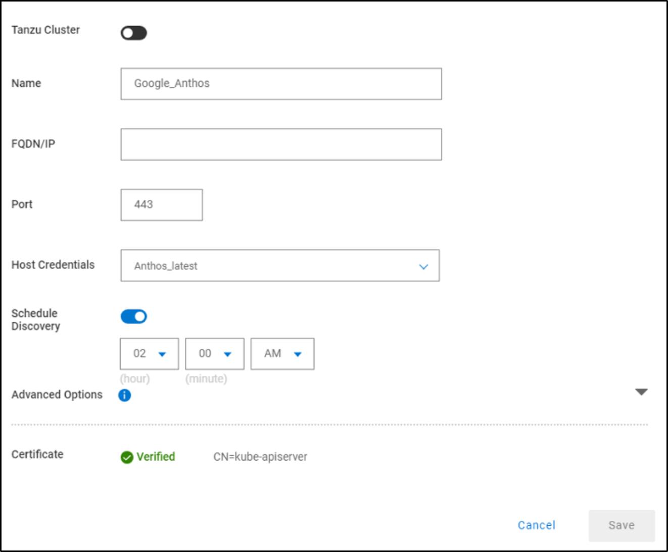 This figure shows the field details of a Kubernetes cluster.