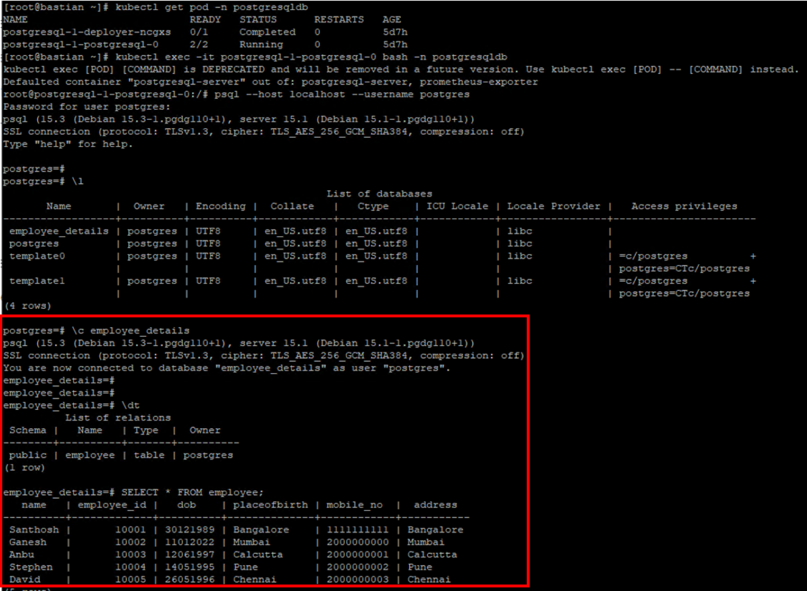 This figure shows a sample database table created on PostgreSQL application Pod.