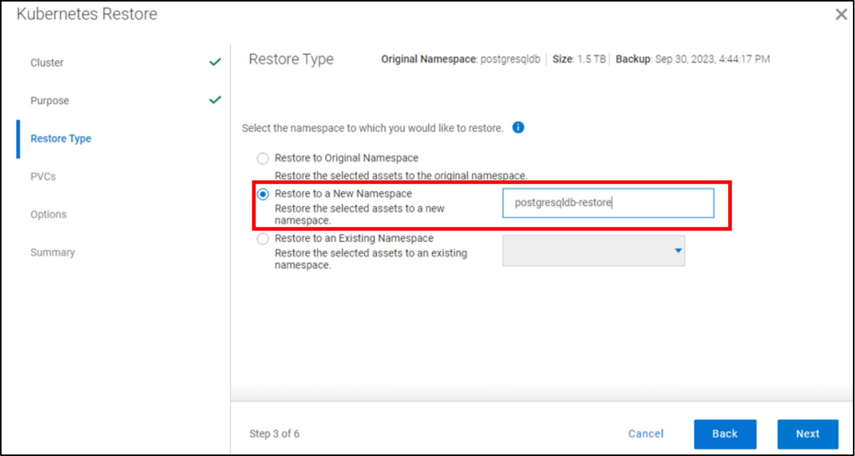 This figure shows a sample restore window.