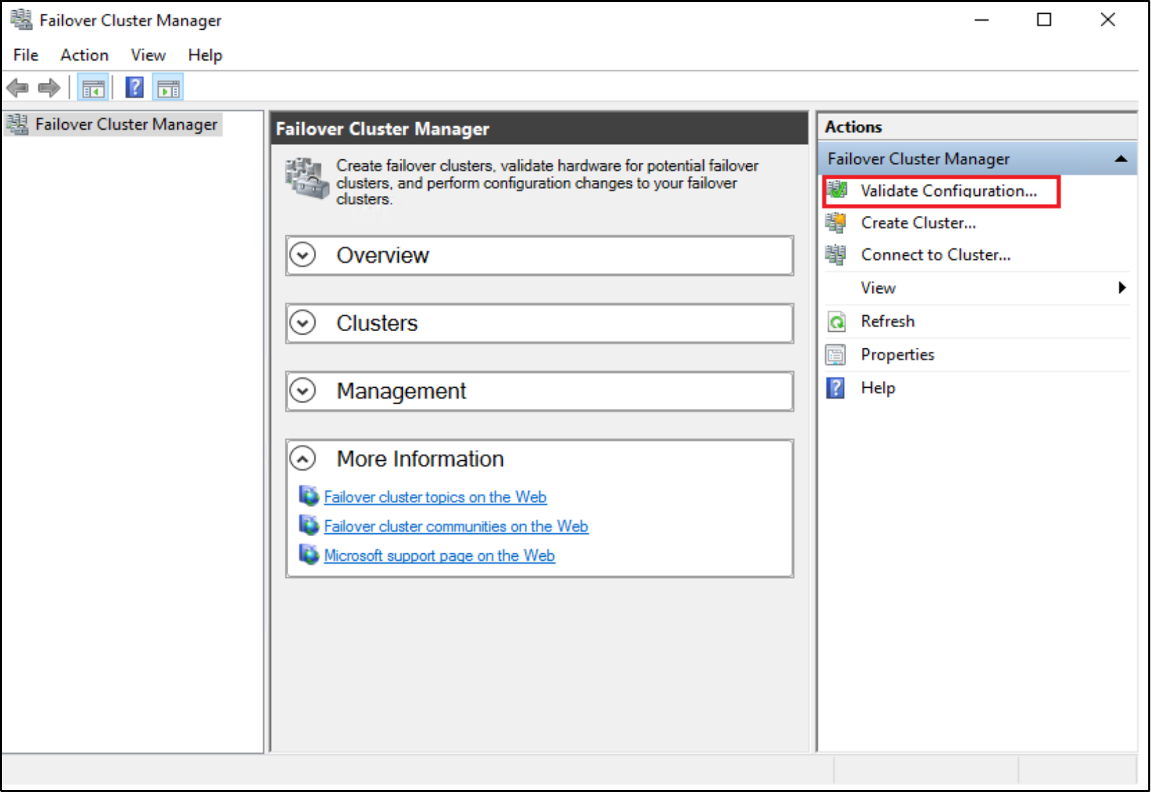 This figure shows the Failover Cluster Manager configuration.