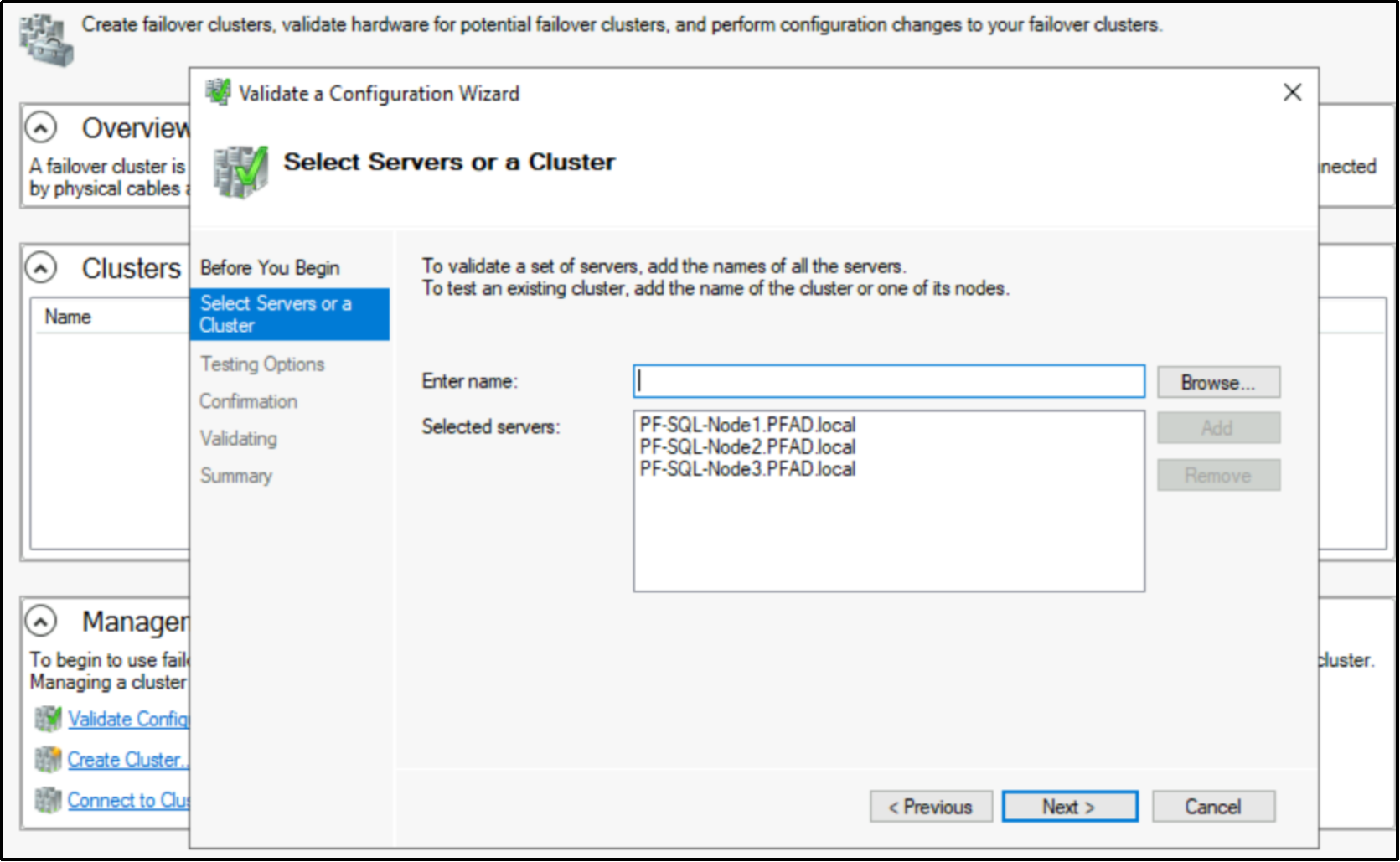 This figure shows how to select servers or a cluster.