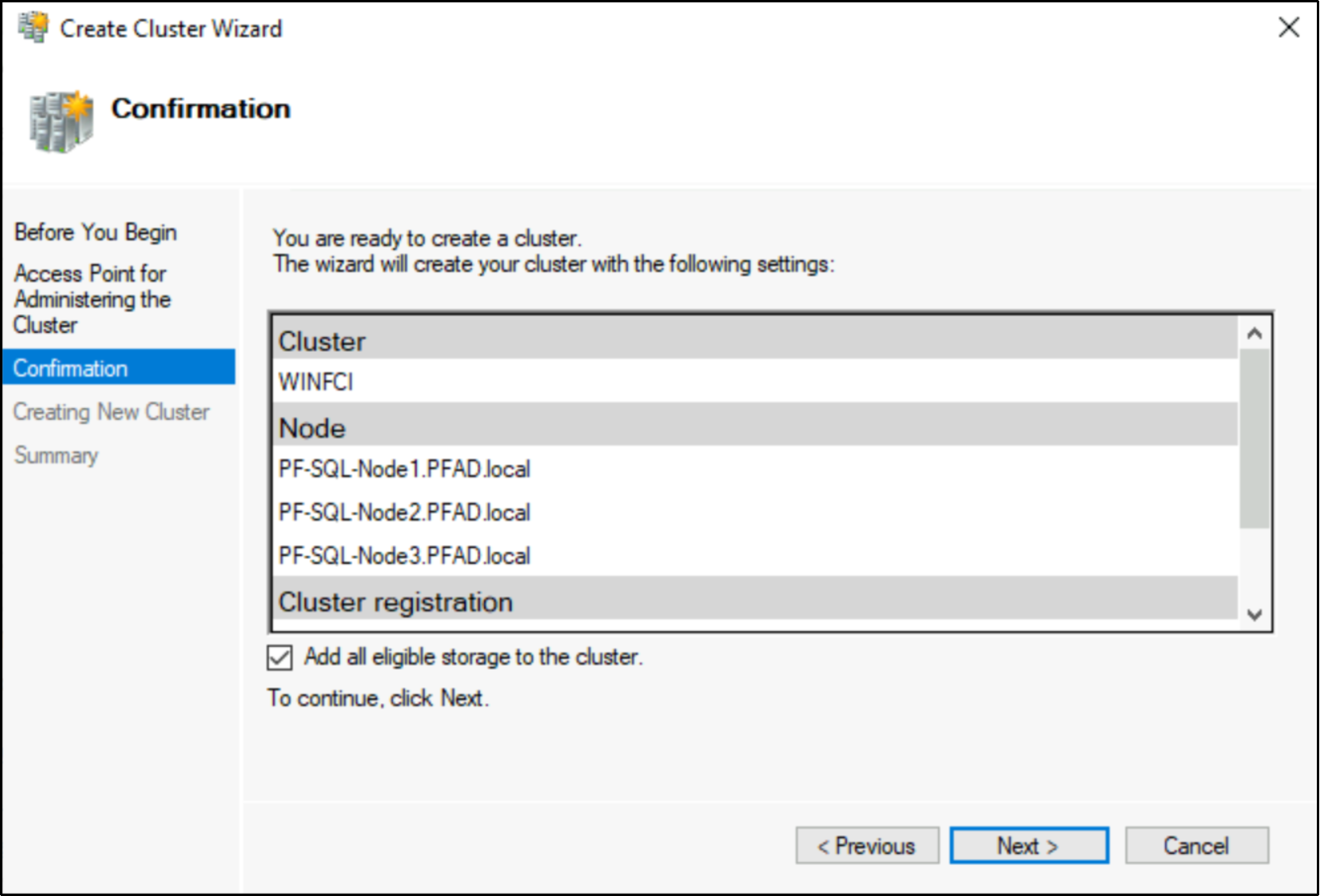 This figure shows the confirmation dialog box to create a cluster.