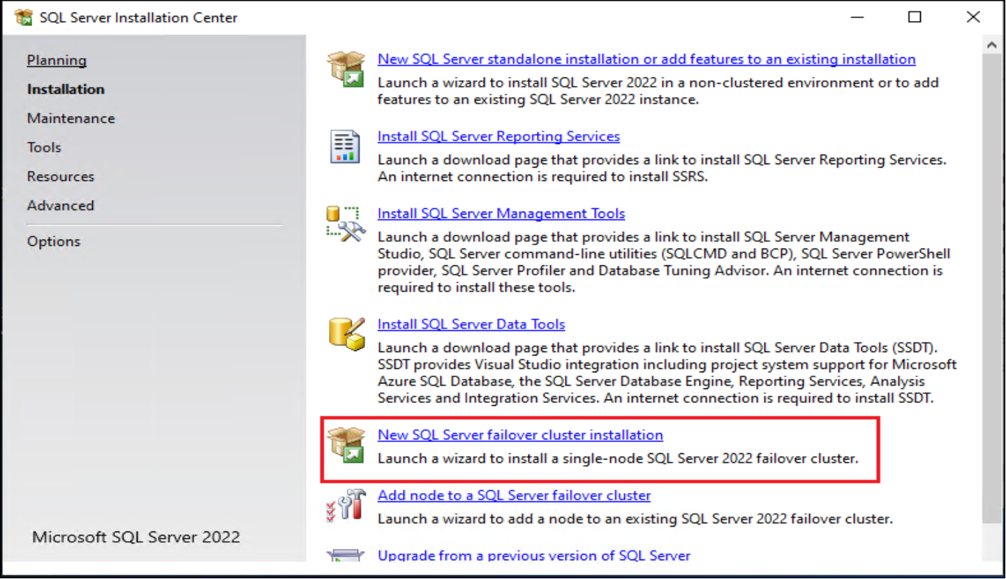 This figure shows a new SQL Server installation link.
