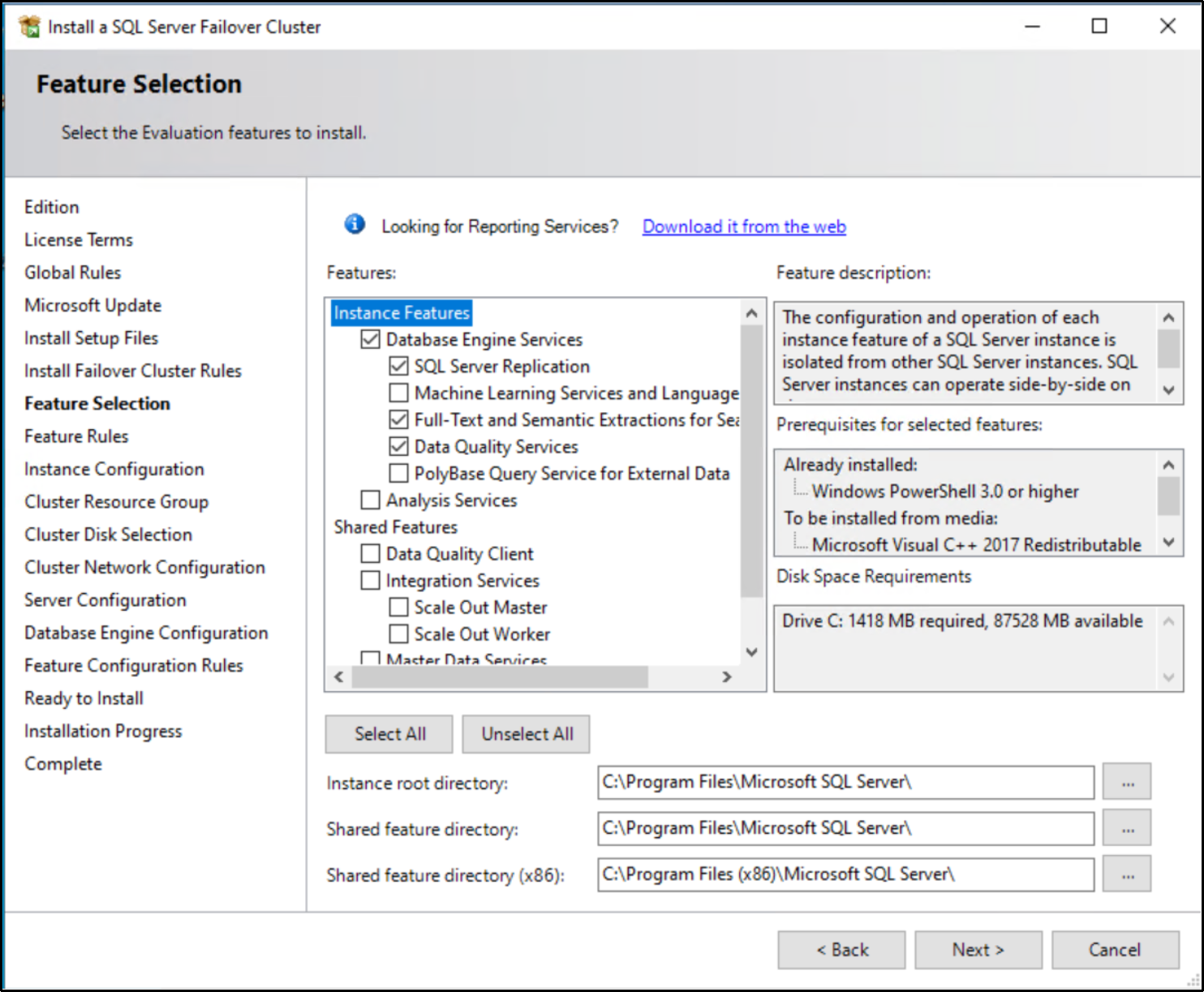 This figure shows the features to be selected for the installation.