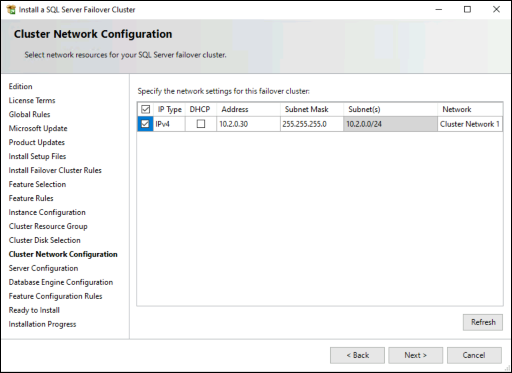 This figure shows the cluster network configuration.