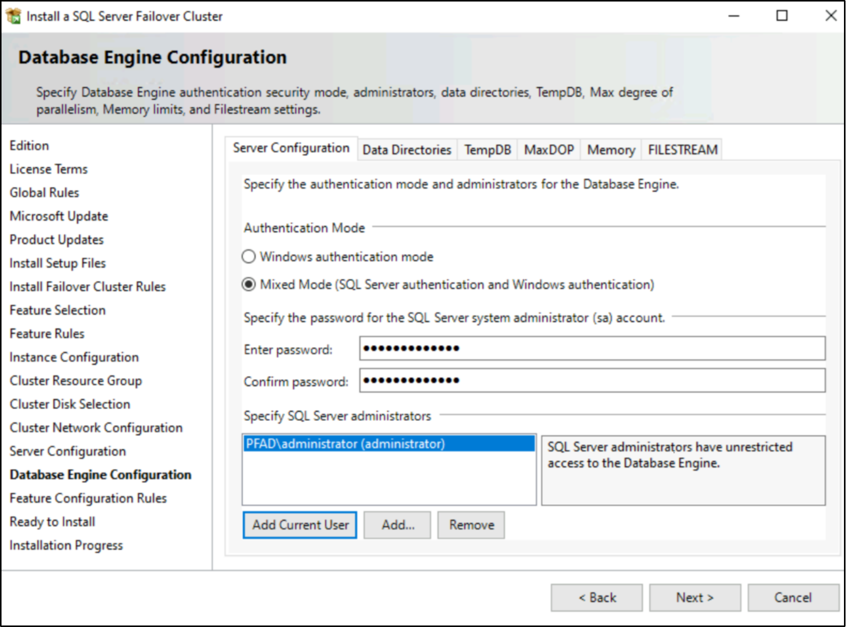 This figure shows the database engine configuration details.