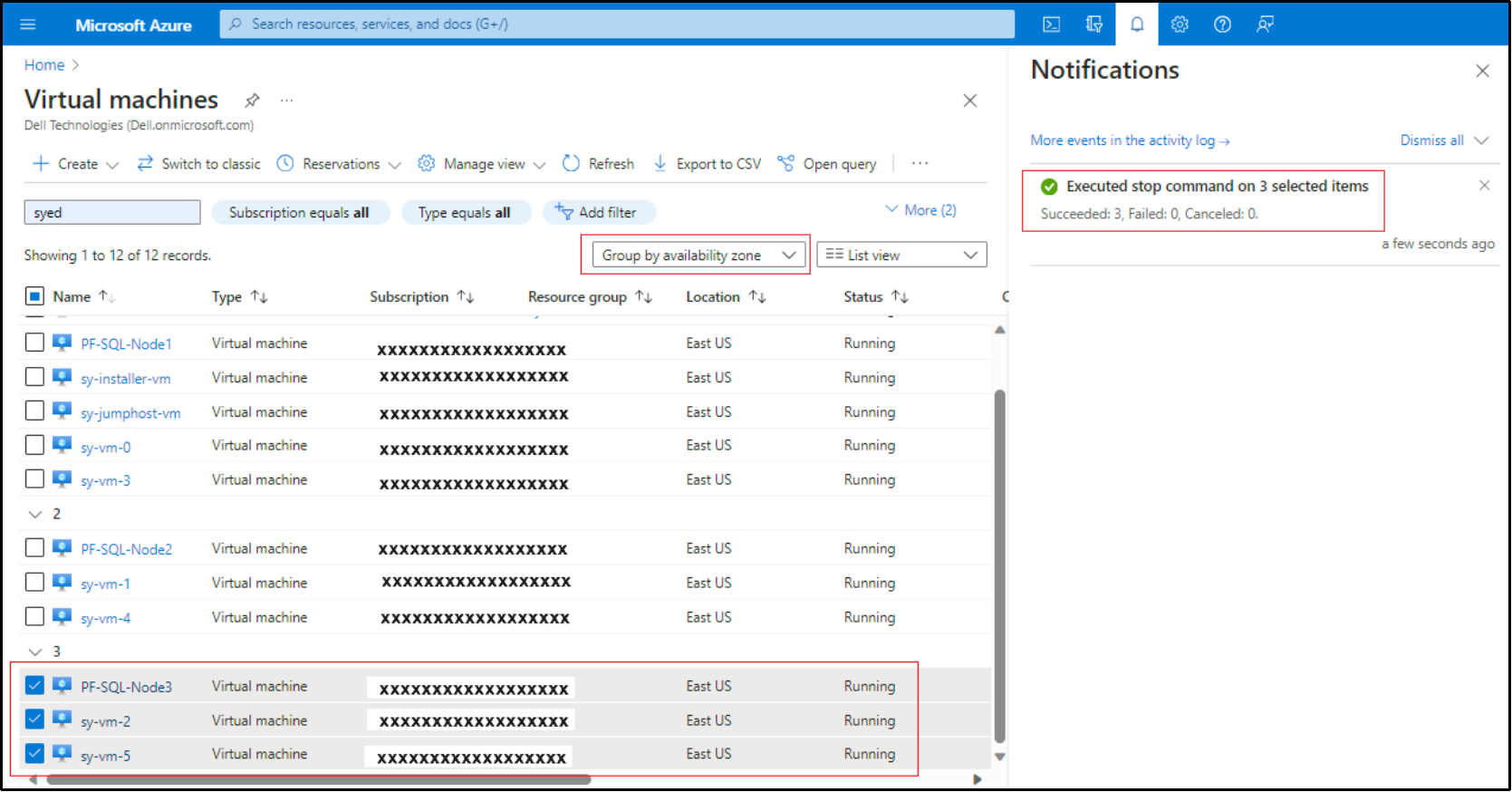 This figure shows the virtual machines in the Azure public portal.
