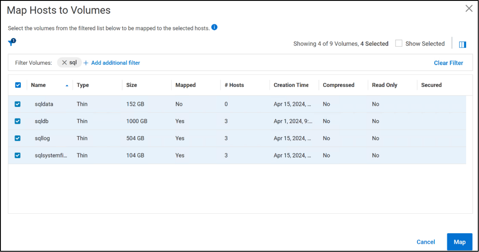 A screenshot of mapping hosts to volumes.