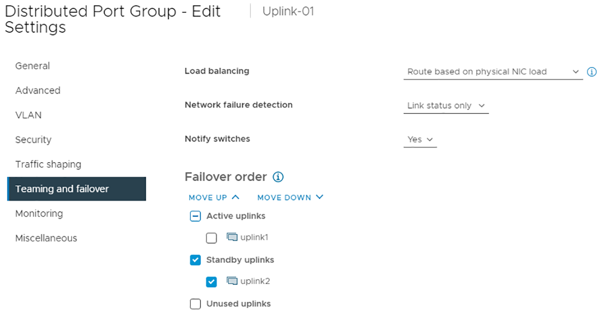 Uplink-01 teaming and failover settings configured