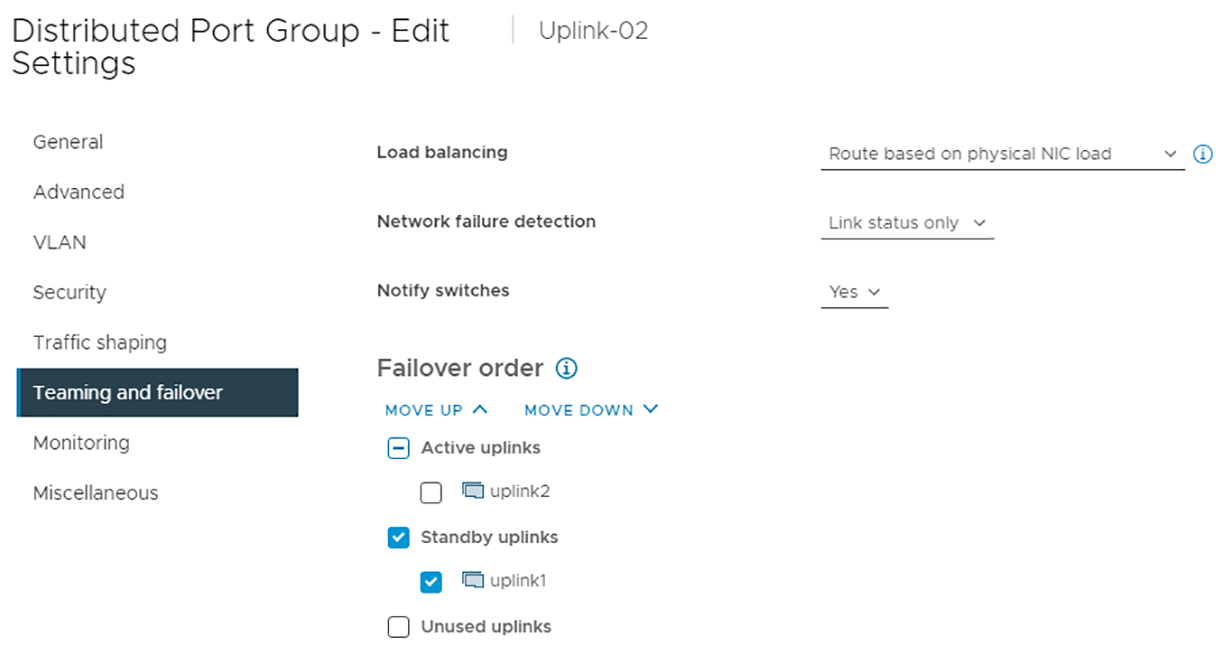 Uplink-02 teaming and failover settings configured