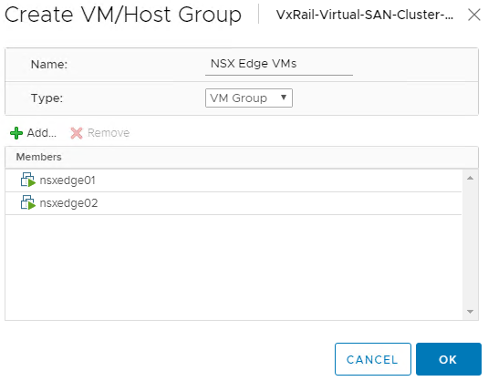 NSX edge VM/Host Groups selected
