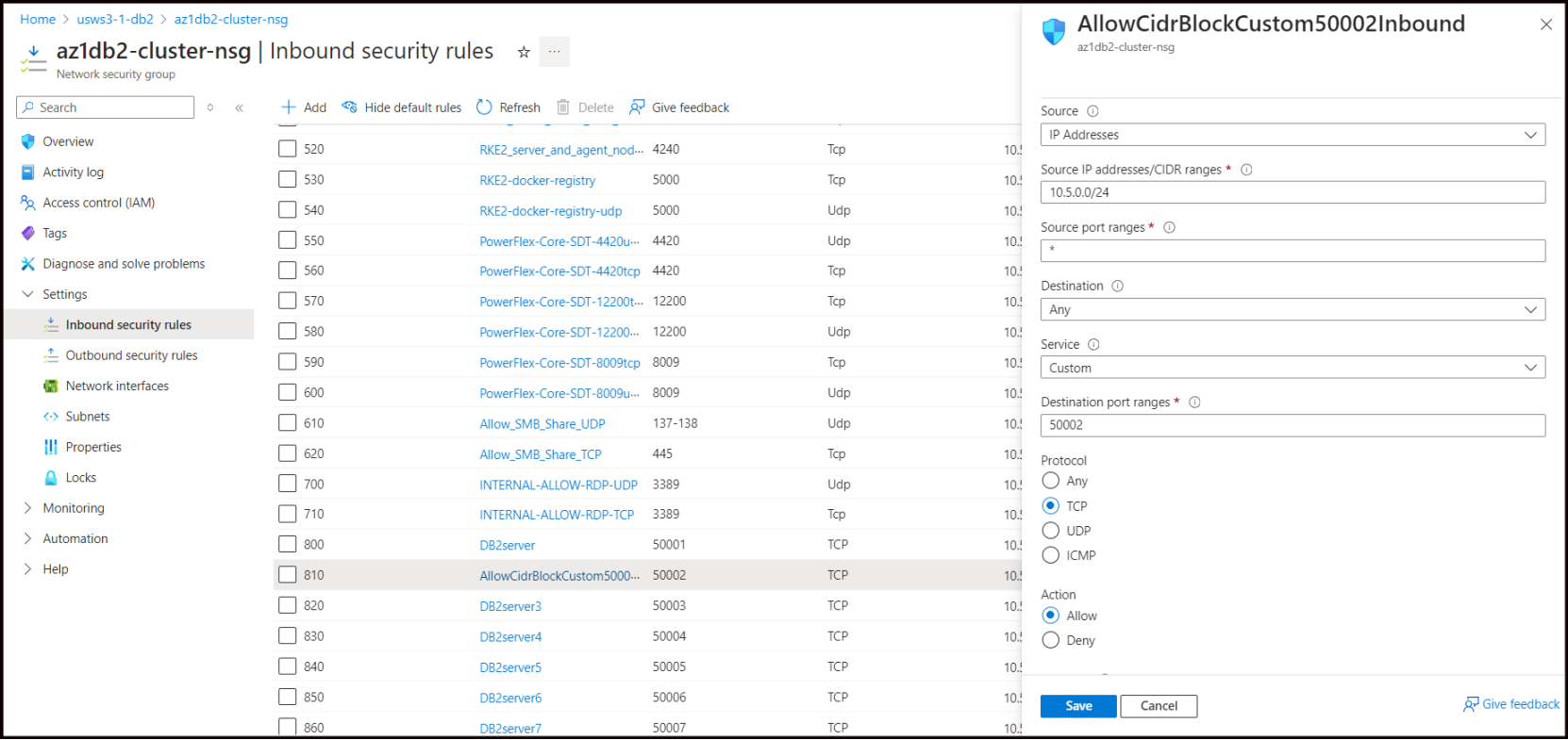 This figure shows the Azure network security group with the inbound security rules.