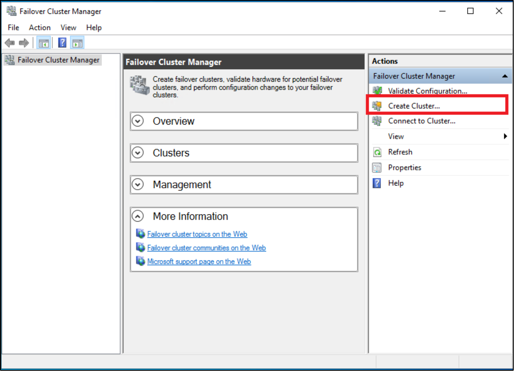 This figure shows the create a failover cluster manager configuration.