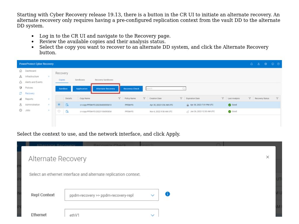 Alternate recovery Dell PowerProtect Cyber Recovery Recovery from