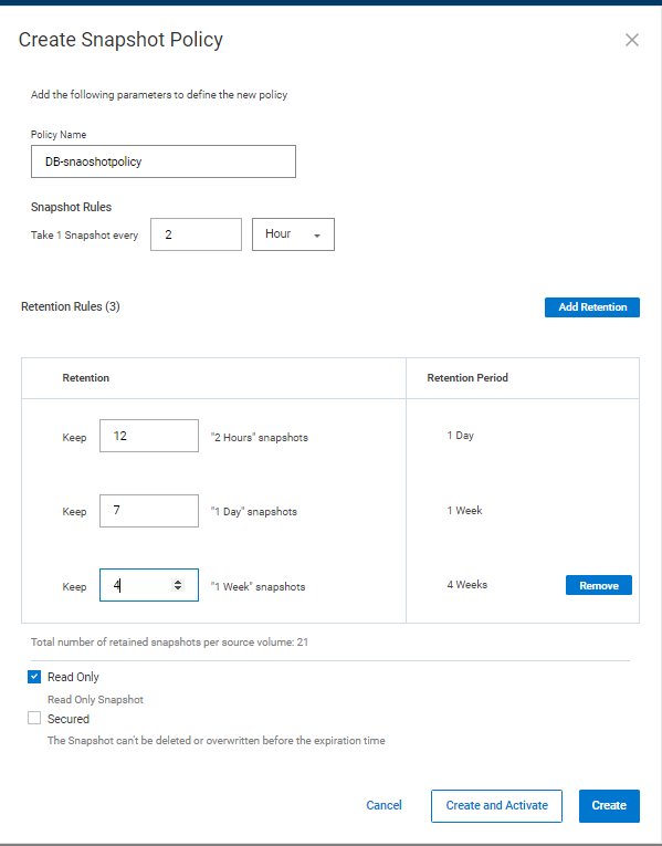 This figure shows the snapshot policy creation window.