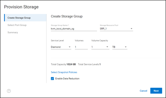 A screenshot of Provision storage to host – create storage group