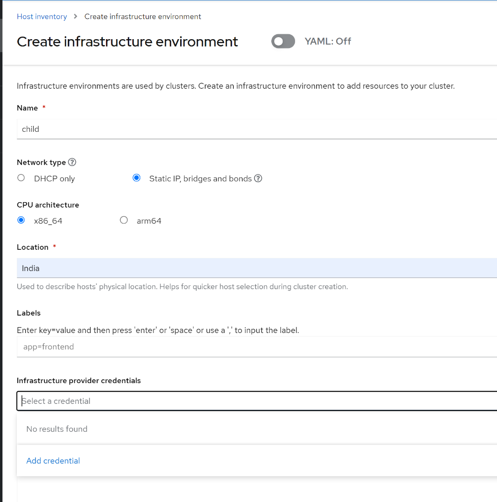 A console window displaying Infrastructure environment creation options.