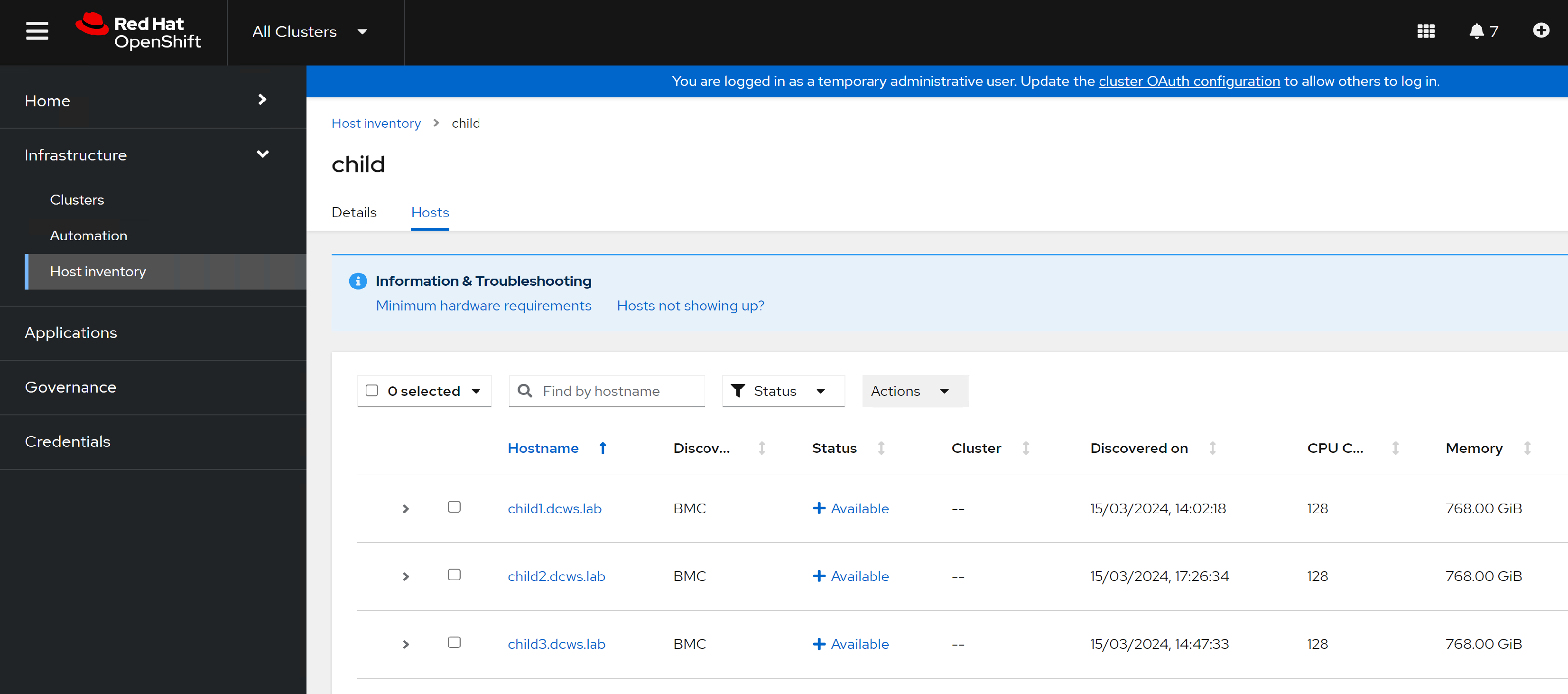 A screenshot of the Red Hat OpenShift interface showing the host inventory for a cluster. It shows three hosts with details such as their status, discovery time, CPU cores, and memory. 