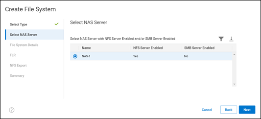 Create NFS file system in PowerMax – select the NAS server