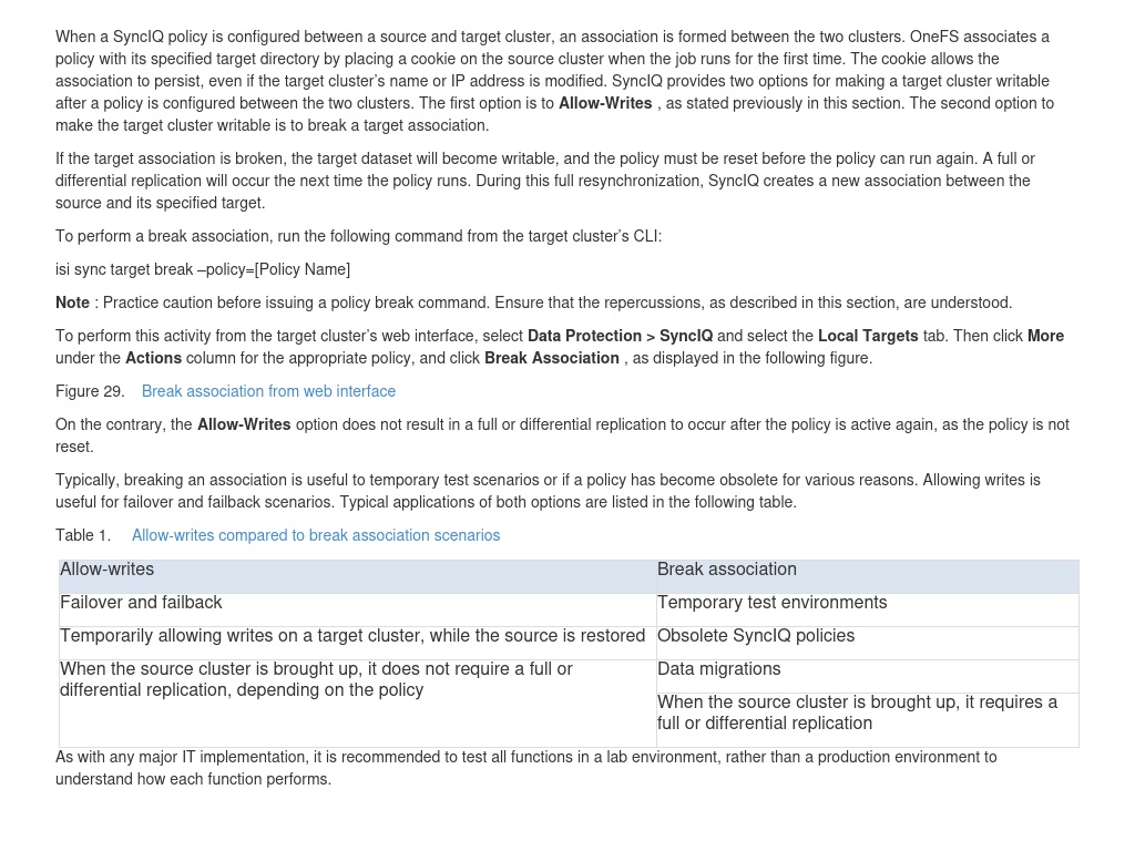 Allow-writes compared to break association | Dell PowerScale SyncIQ ...