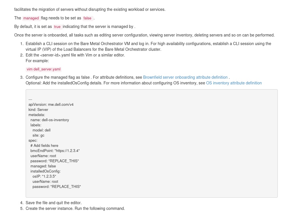 Onboarding brownfield servers  Bare Metal Orchestrator 2.3 User's